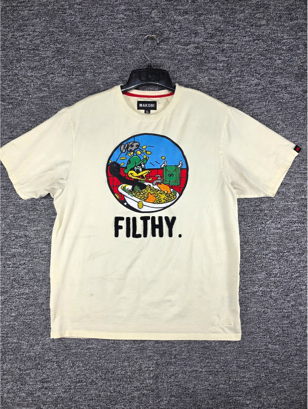 Makobi Men's Cream Duck Graphic Embroidered Logo Crew Neck Tee Shirt XL